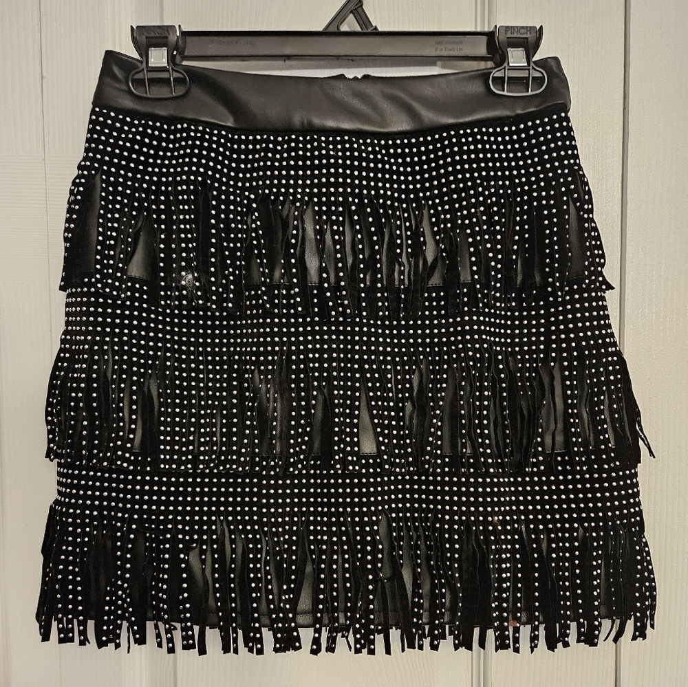 Suddenly Jules Faux Leather Studded Fringe Skirt Black Small